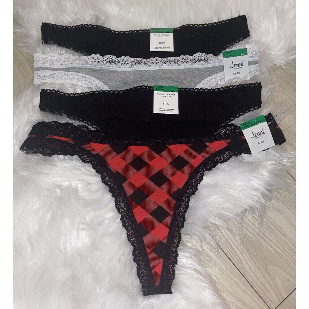 4 Pairs Charter Club and Jenni Cotton Thong Panties Lace Trim Womens L Large